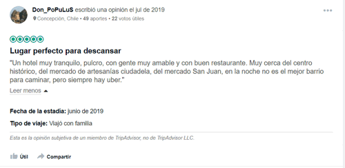 Comentario positivo destacando la excelente atención y comodidad del Hotel Kali de los huespedes buenas reseñas